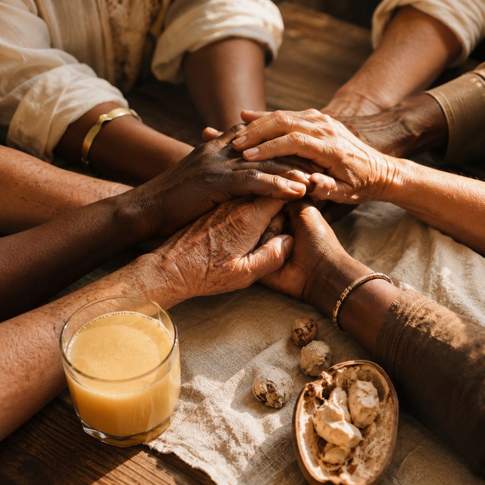 Community hands with baobab drink